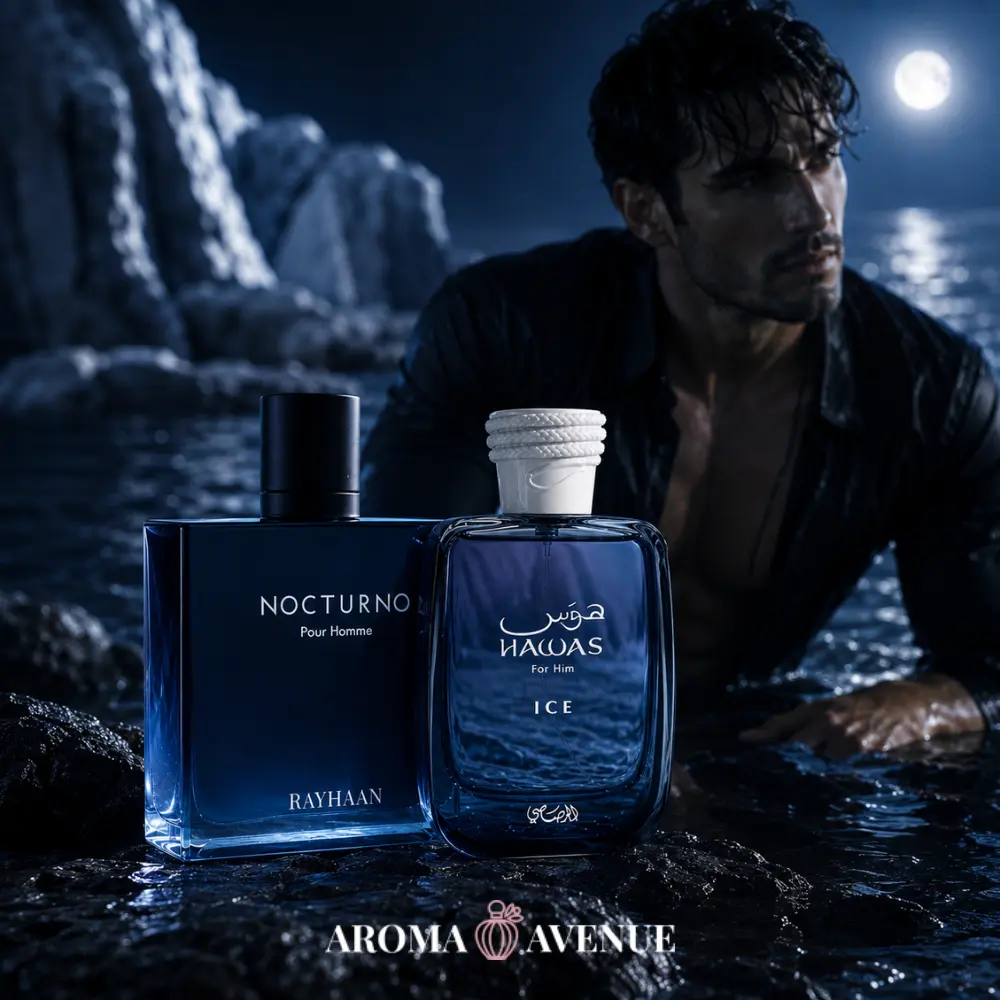 Set Ice & Night – Rasasi Hawas Ice + Rayhaan Nocturno, Apă de Parfum 2 x 100 ml